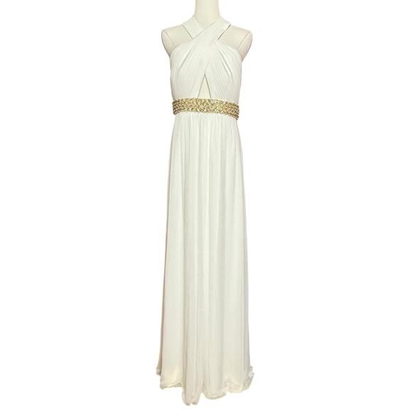 CACHE Maxi Greek Goddess Gown Beaded Belt Size 12 Open Back Zipper Closure - Picture 4 of 11